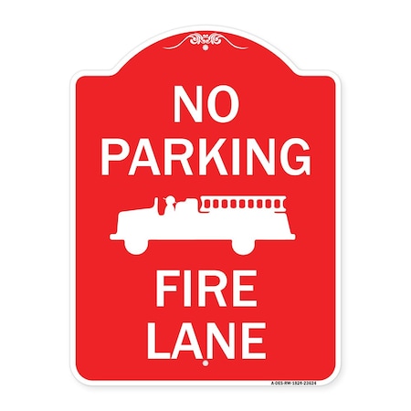 Signmission No Parking Fire Lane with Graphic, Red & White Aluminum Architectural Sign, 18" x 24", RW-1824-23624 A-DES-RW-1824-23624